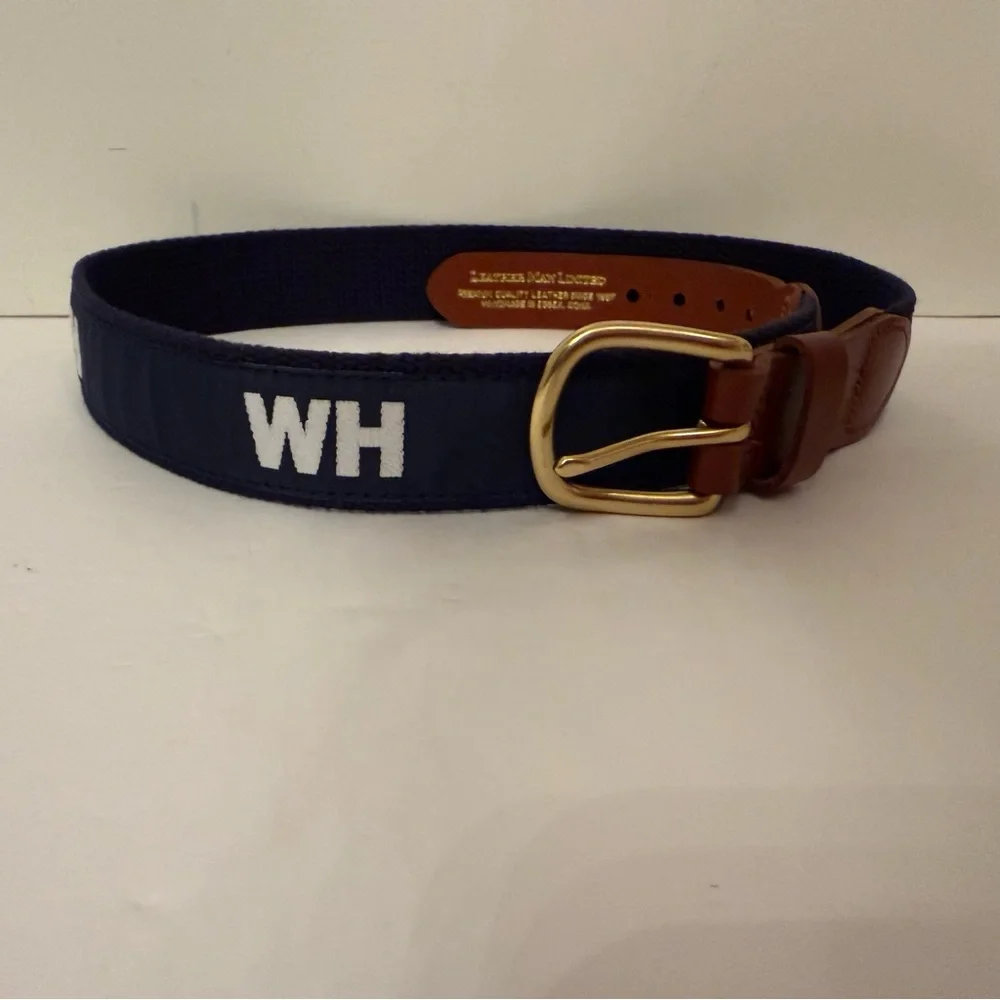 LEATHER MAN MENS BELT NAVY WHITE WH WATCH HILL RI NAUTICAL USA SIZE 30